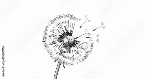 Delicate dandelion seed head with seeds blowing away on a white background