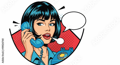 Comic style woman with blue eyes and black hair on a blue telephone