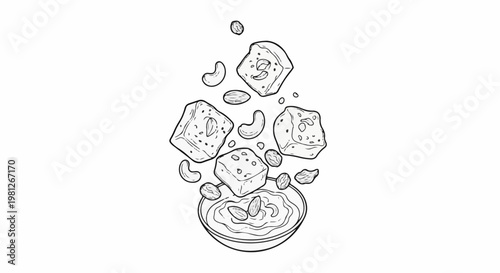 Delicious squares with nuts and raisins tumbling into a creamy dip