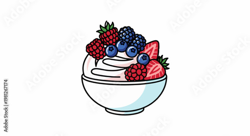 Delightful bowl of frozen yogurt topped with fresh berries and sliced strawberries
