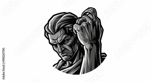 Dramatic, angular depiction of a muscular man's stern face and raised fist