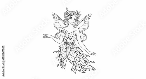 Delicate fairy with butterfly wings, adorned with a floral crown and leaf dress
