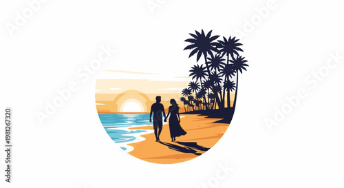 Couple walks hand-in-hand on beach at sunset with palm trees