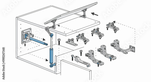 Detailed illustration of cabinet hardware, including hinges and gas strut