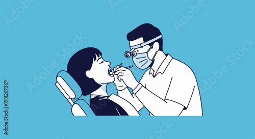 Dentist examines patient's teeth using tools and magnifying glasses