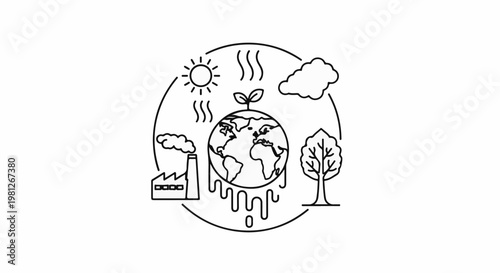 Depicts a stylized Earth with melting effects, factory pollution, and a sun