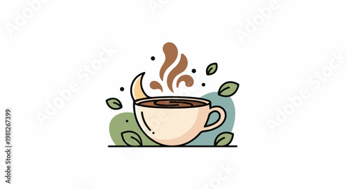 Cozy coffee cup with steaming brew, leaves, and a crescent moon