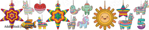 Cinco de Mayo Piñata Vector Set - Colorful Mexican Party Decorations, Kawaii Fiesta Animals, and Traditional Celebration Elements