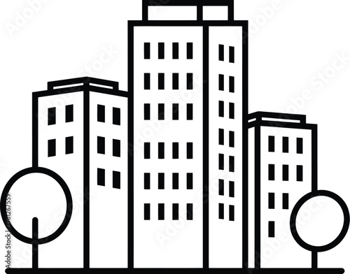 Modern cityscape with tall buildings and trees in a vector graphic illustration