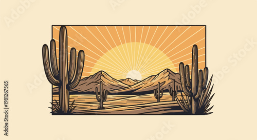 Desert sunset with saguaro cacti and mountains in a retro illustration style