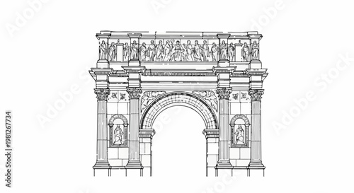 Detailed architectural illustration of an ornate ancient archway with sculptures and columns