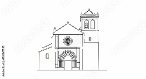 Detailed architectural line drawing of a traditional church facade with a bell tower