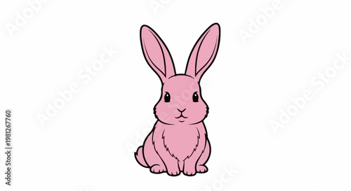Cute cartoon pink rabbit with large ears sitting and facing forward