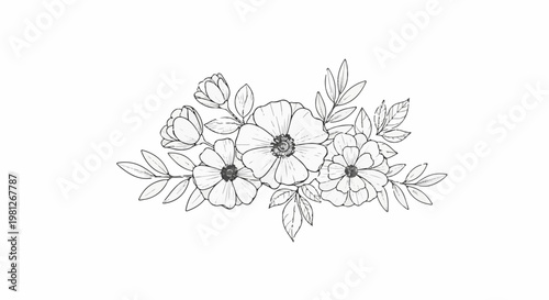 Delicate hand-drawn floral arrangement featuring open blossoms and leaves