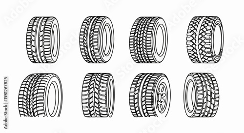 Eight black and white line art illustrations of vehicle tires