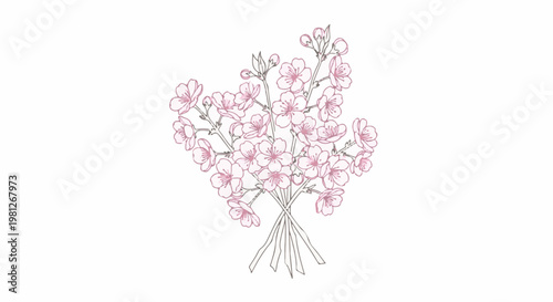 Delicate pink cherry blossoms are artfully arranged in a bouquet tied with ribbon