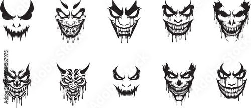 Abstract depiction of a demonic or monstrous face silhouette collection, horror monster stencil design, dripping black shapes vector art. 