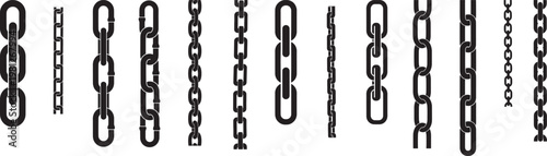 Vertical chains composed of interconnected links collection, solid black with smooth edges different style, symbolic of connection and strength vector design.