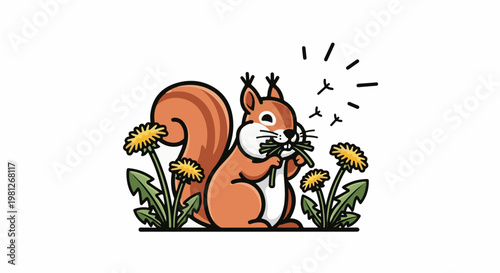 Cute cartoon squirrel eating dandelions in a meadow