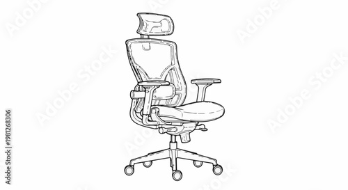 Detailed line drawing of an ergonomic office chair with adjustable headrest and armrests