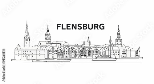 Detailed line art of a European city skyline with spires and buildings