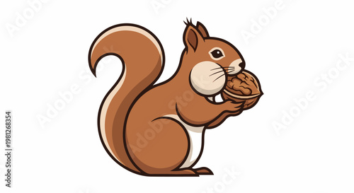 Cute cartoon squirrel with bushy tail eating a nut