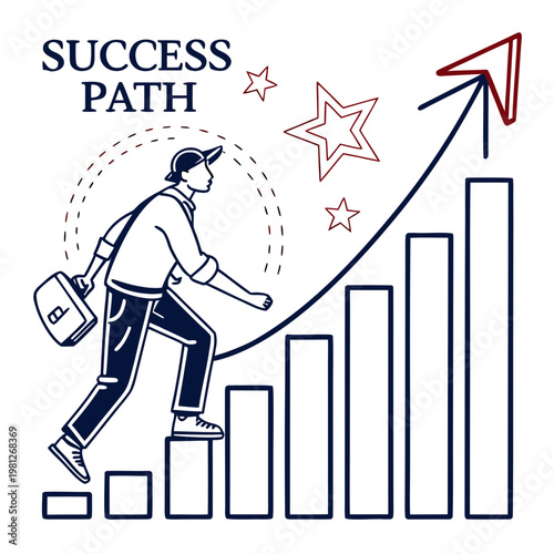 A man climbing up a bar graph with an arrow pointing upwards, symbolizing success and growth in business or career