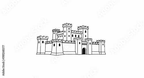 Detailed black and white illustration of a grand medieval castle with multiple towers and crenellations
