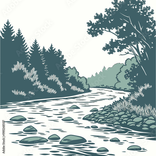 A serene landscape of a winding river with rocks and trees on the riverbank