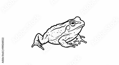 Detailed black and white line art illustration of a frog on a white background