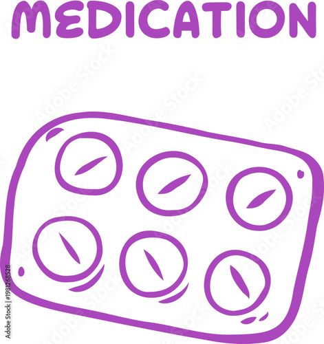 Medication pills in blister pack arranged in simple outline style on light background perfect for pharmacy ads, medical infographic