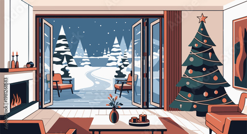 Cozy indoor scene with fireplace, Christmas tree, and snowy landscape view