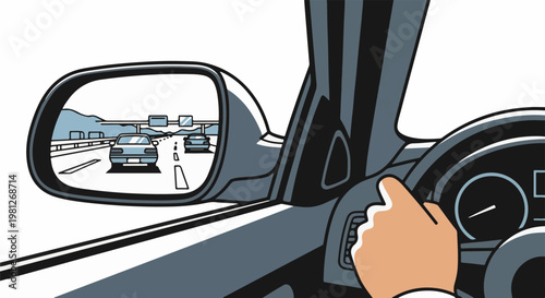 Driver's perspective in car, looking in side mirror at highway