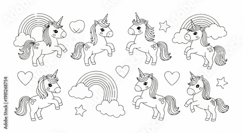 Cute cartoon unicorns with rainbows and hearts, outlined style