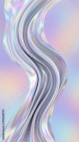 Abstract holographic 3d fluid wave with metallic iridescent texture on soft pastel purple background, elegant vertical composition for modern luxury brand identity and digital wallpaper.