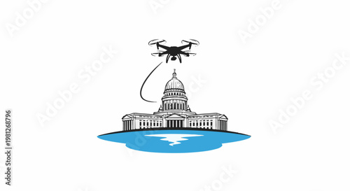 Drone flies over a grand building on a blue expanse