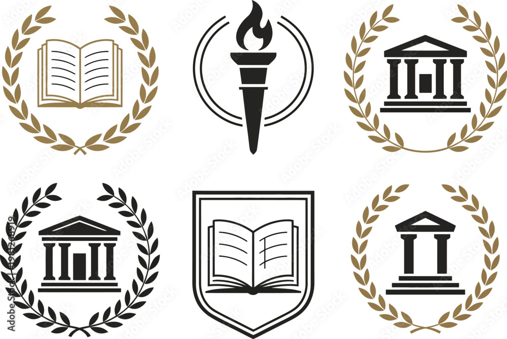 Naklejka premium Education and Learning Icon Set Featuring Laurel Wreath Symbols with Torch, Open Book, and University Building Illustrations, Academic Success and Excellence Vector Elements for School and College Des