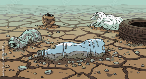 Dry, cracked earth littered with discarded plastic bottle, cans, cloth, and tire