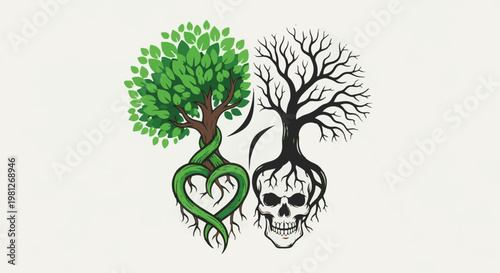 Dualistic trees one vibrant and green, other skeletal and dark, with roots forming shapes