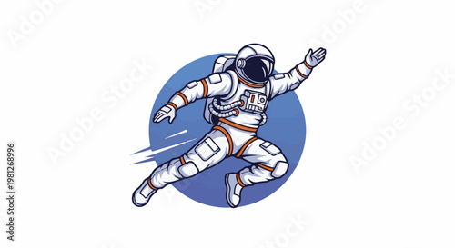 Dynamic astronaut in a stylized pose, mid-motion against a blue circular backdrop