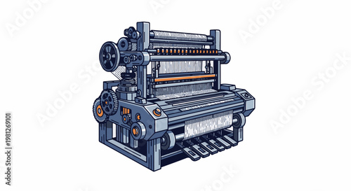 Detailed pixel art illustration of a complex textile weaving machine