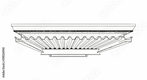 Detailed schematic of a corrugated metal panel ceiling structure