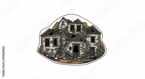 Dilapidated stone house with broken windows and crumbling roof