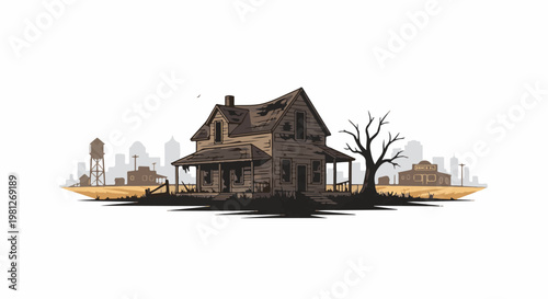 Dilapidated two-story farmhouse stands desolate amidst a muted, hazy cityscape