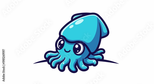 Cute cyan cartoon squid peeking from behind a surface, white background