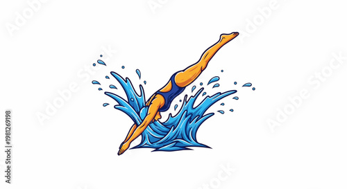 Dynamic illustration of a swimmer mid-dive into splashing blue water