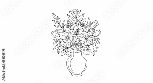 Delicate outline drawing of a floral arrangement in a vase