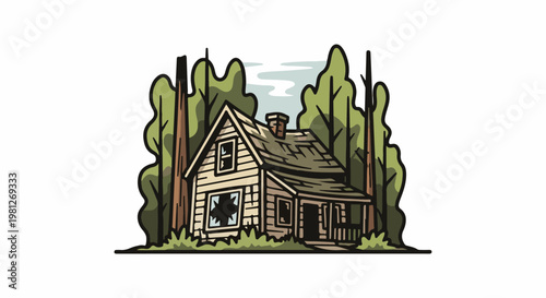 Dilapidated wooden cabin nestled amidst tall trees