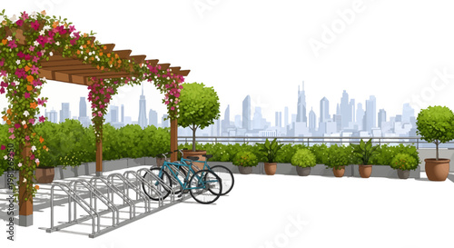 Bicycle parking lot with flower pergola and city skyline