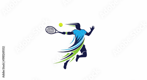 Dynamic silhouette of a tennis player in action, with colorful abstract streaks